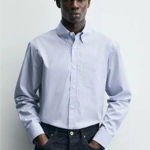 NWT Zara Men's Light Blue Textured Striped Button-Down Shirt with L
